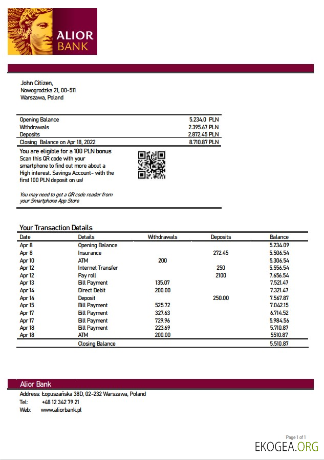 Pologne Relevé bancaire d'Alior